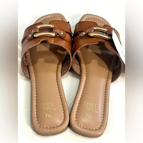Time and Tru Brown Slide Sandals with Gold Accent Women’s Size 7.5 NWT - Picture 4 of 15